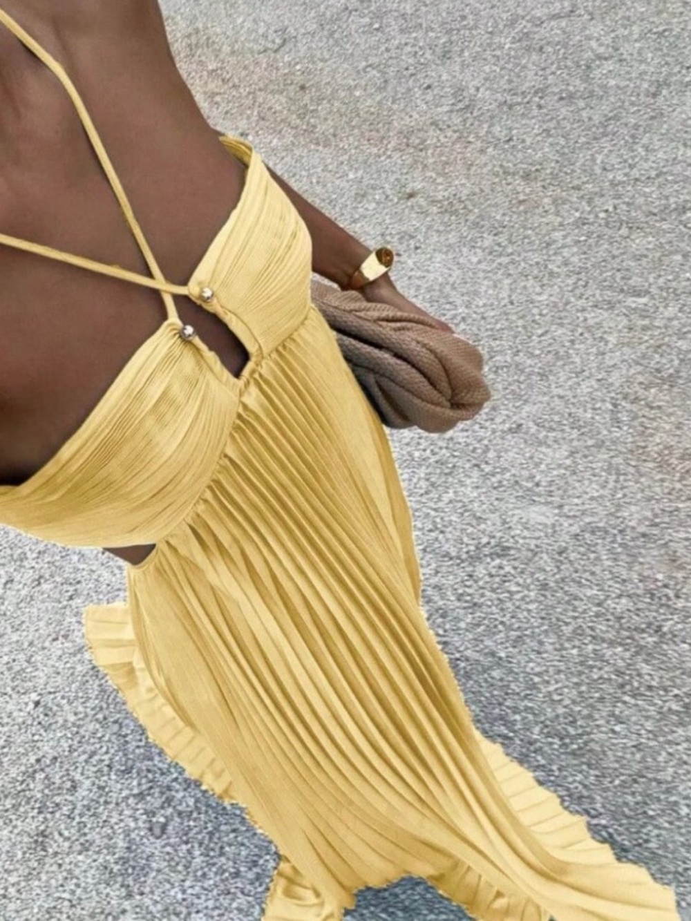 Yellow Casual Women's Spaghetti Strap Flowing Pleated Maxi Dress